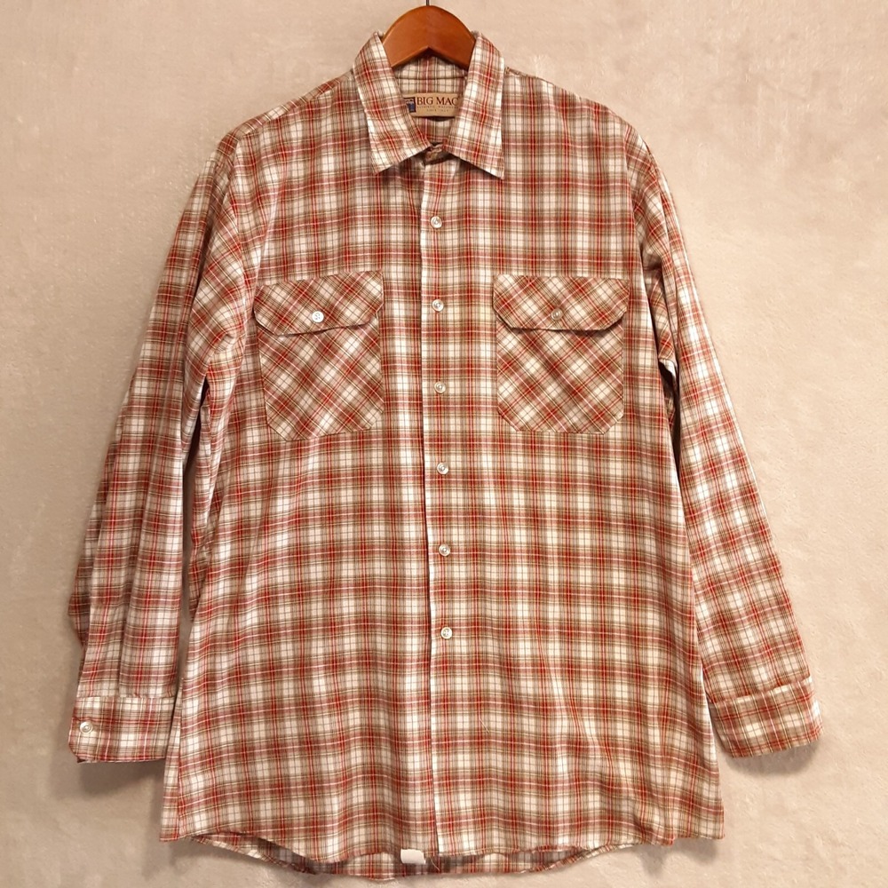 BIG MAC Authentic Workwear Mens LS Button Up Shirt L-Tall Red/Tan Plaid 1994